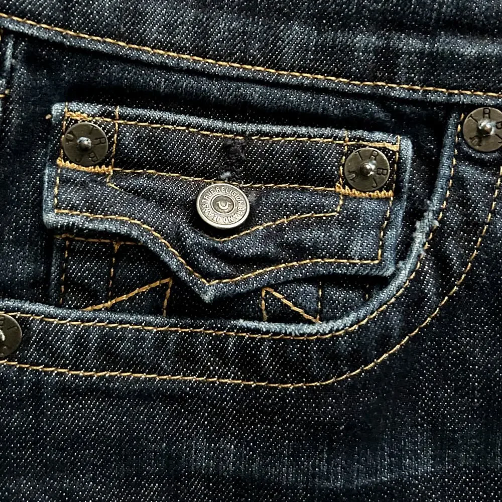 True Religion RICKY w/ Button Flap Blue Denim Jeans Straight Leg Mens Sz 33x32